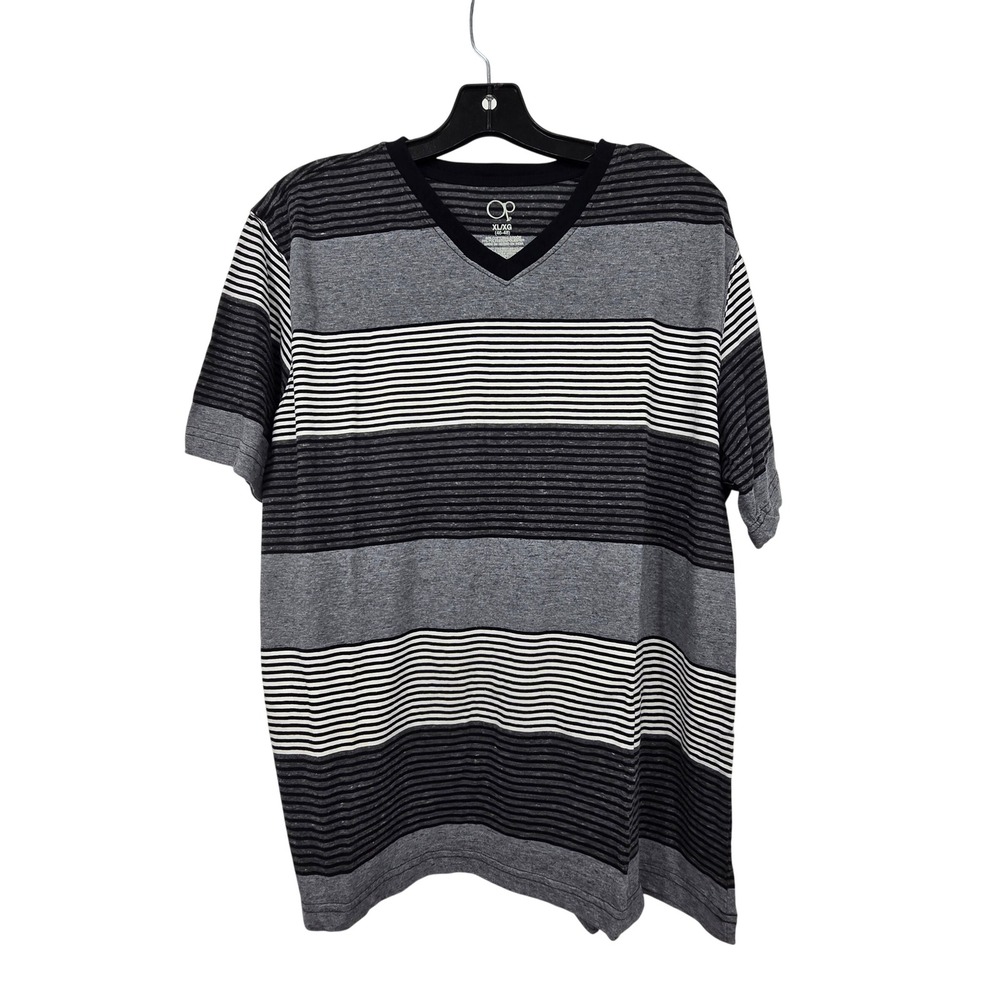 OP Striped V-Neck T-Shirt Mens XL Grey Black White Short Sleeve Surfer Tee Beach